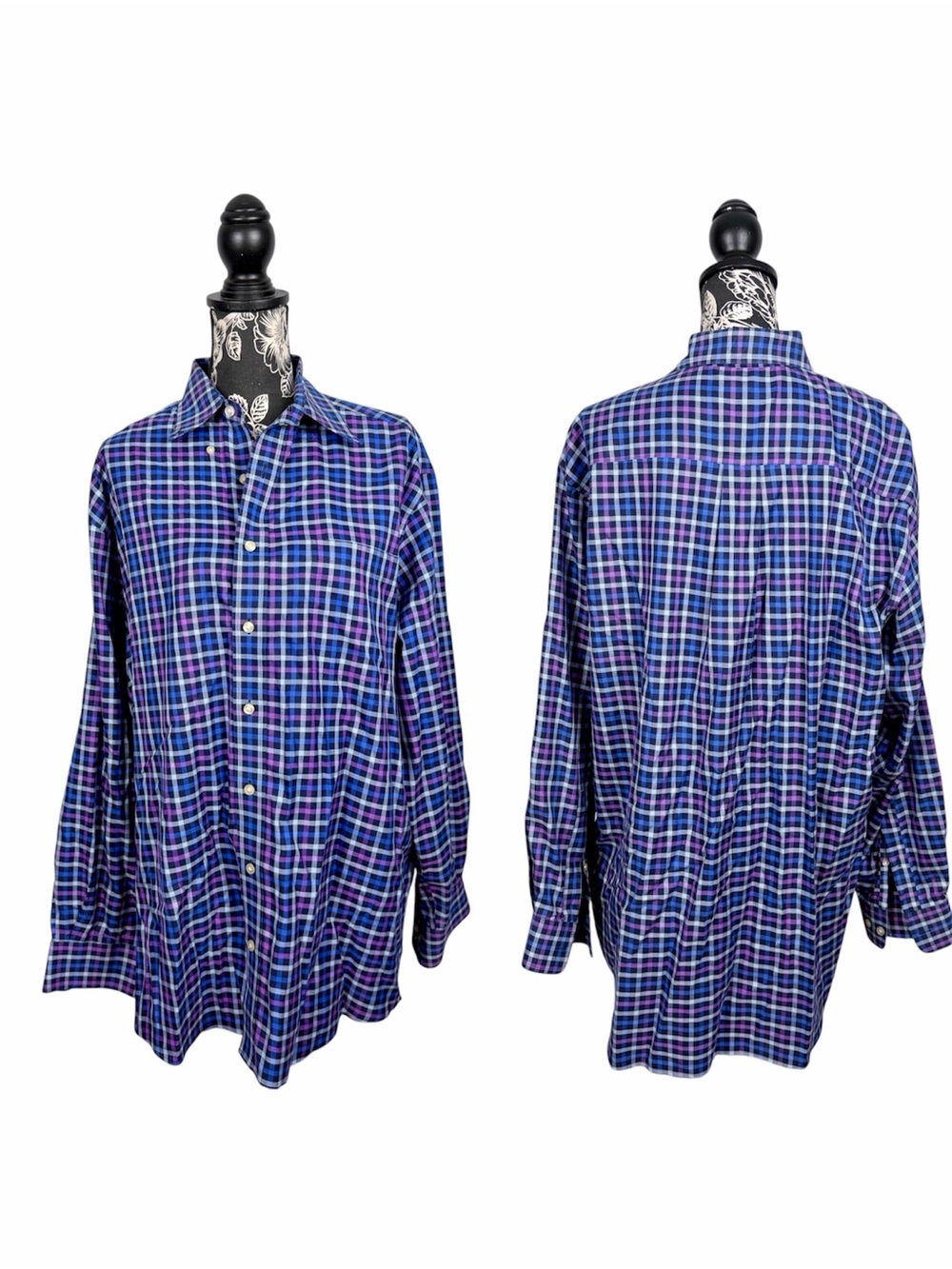 Hathaway men's purple/blue plaid cotton button down shirt size large